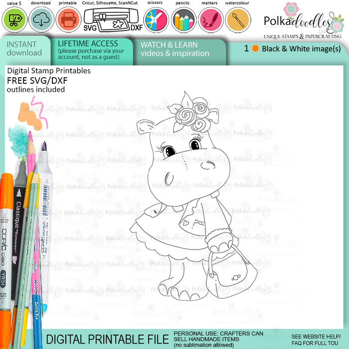 Pretty Handbag cute Helga Hippo printable digital stamp - card making crafts scrapbooking sticker with SVG print and cut outline